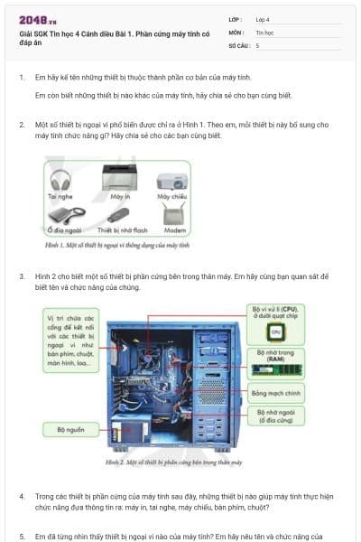 Giải SGK Tin học 4 Cánh diều Bài 1. Phần cứng máy tính có đáp án