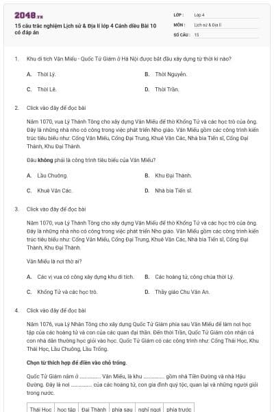 15 câu trắc nghiệm Lịch sử & Địa lí lớp 4 Cánh diều Bài 10 có đáp án
