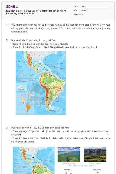 Giải SGK Địa lý 11 CTST Bài 8: Tự nhiên, dân cư, xã hội và kinh tế mỹ latinh có đáp án