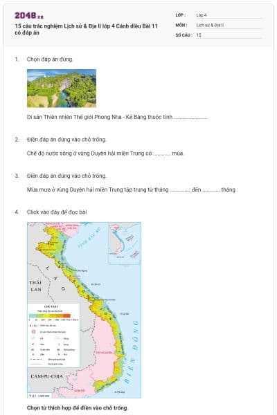 15 câu trắc nghiệm Lịch sử & Địa lí lớp 4 Cánh diều Bài 11 có đáp án