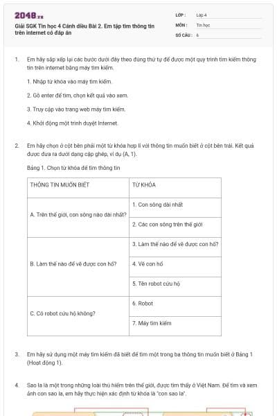 Giải SGK Tin học 4 Cánh diều Bài 2. Em tập tìm thông tin trên internet có đáp án