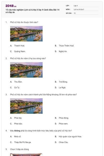 15 câu trắc nghiệm Lịch sử & Địa lí lớp 4 Cánh diều Bài 14 có đáp án