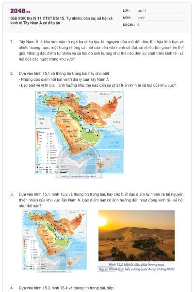 Giải SGK Địa lý 11 CTST Bài 15. Tự nhiên, dân cư, xã hội và kinh tế Tây Nam Á có đáp án