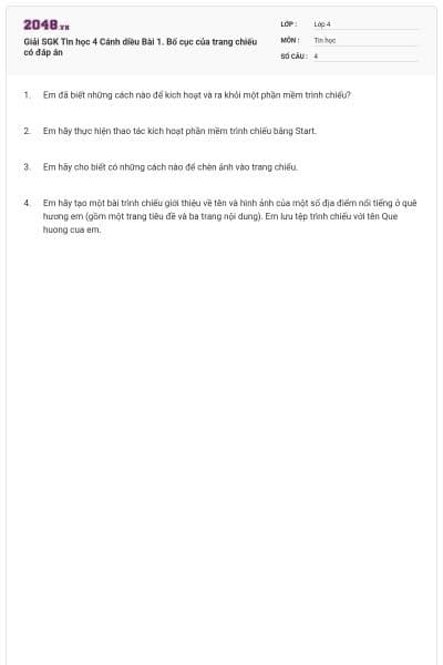 Giải SGK Tin học 4 Cánh diều Bài 1. Bố cục của trang chiếu có đáp án