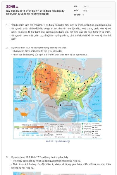 Giải SGK Địa lý 11 CTST  Bài 17. Vị trí địa lí, điều kiện tự nhiên, dân cư và xã hội hoa kỳ có đáp án