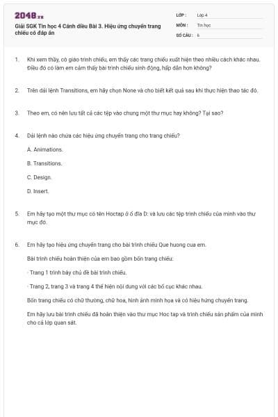 Giải SGK Tin học 4 Cánh diều Bài 3. Hiệu ứng chuyển trang chiếu có đáp án