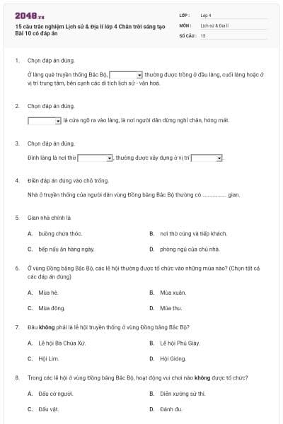 15 câu trắc nghiệm Lịch sử & Địa lí lớp 4 Chân trời sáng tạo Bài 10 có đáp án
