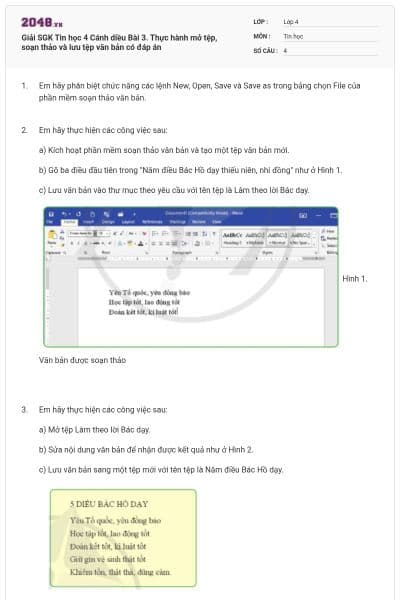 Giải SGK Tin học 4 Cánh diều Bài 3. Thực hành mở tệp, soạn thảo và lưu tệp văn bản có đáp án