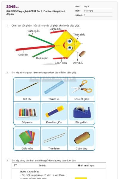 Giải SGK Công nghệ 4 CTST Bài 9. Em làm diều giấy có đáp án