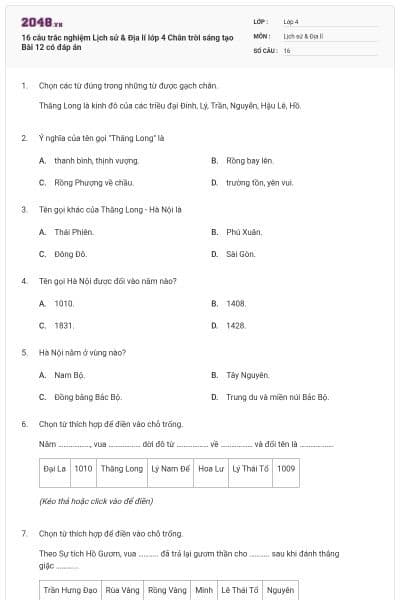 16 câu trắc nghiệm Lịch sử & Địa lí lớp 4 Chân trời sáng tạo Bài 12 có đáp án