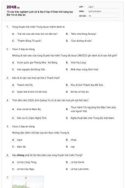 15 câu trắc nghiệm Lịch sử & Địa lí lớp 4 Chân trời sáng tạo Bài 16 có đáp án