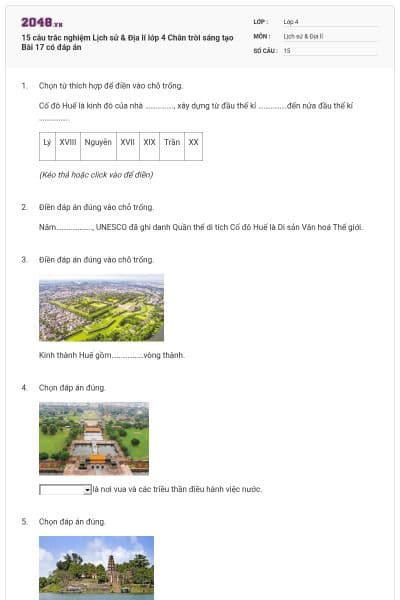 15 câu trắc nghiệm Lịch sử & Địa lí lớp 4 Chân trời sáng tạo Bài 17 có đáp án