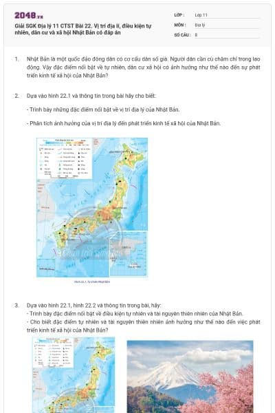 Giải SGK Địa lý 11 CTST Bài 22. Vị trí địa lí, điều kiện tự nhiên, dân cư và xã hội Nhật Bản có đáp án