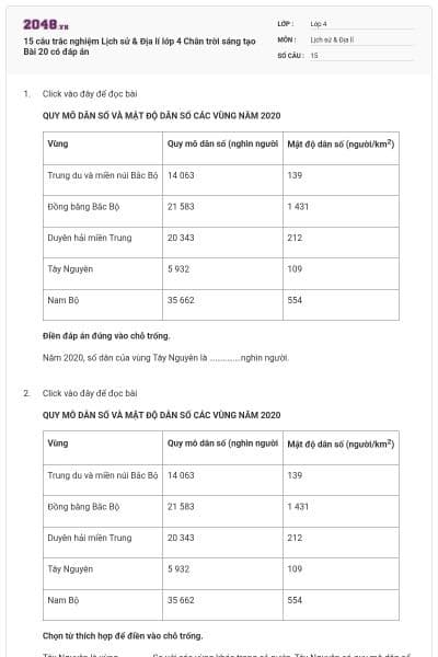15 câu trắc nghiệm Lịch sử & Địa lí lớp 4 Chân trời sáng tạo Bài 20 có đáp án