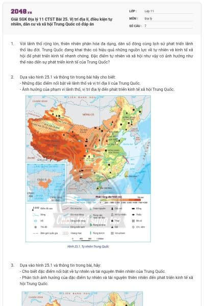 Giải SGK Địa lý 11 CTST Bài 25. Vị trí địa lí, điều kiện tự nhiên, dân cư và xã hội Trung Quốc có đáp án