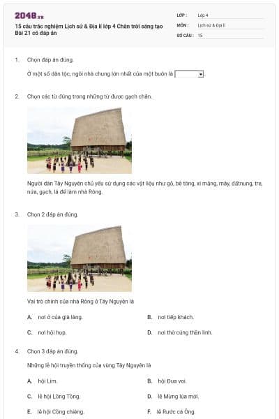 15 câu trắc nghiệm Lịch sử & Địa lí lớp 4 Chân trời sáng tạo Bài 21 có đáp án