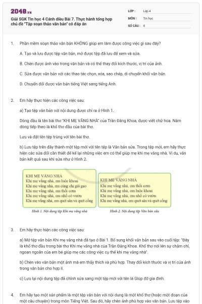 Giải SGK Tin học 4 Cánh diều Bài 7. Thực hành tổng hợp chủ đề "Tập soạn thảo văn bản" có đáp án