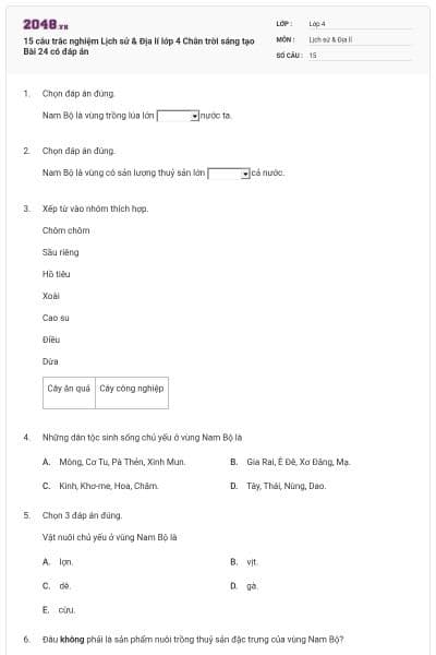 15 câu trắc nghiệm Lịch sử & Địa lí lớp 4 Chân trời sáng tạo Bài 24 có đáp án