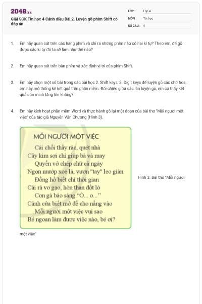 Giải SGK Tin học 4 Cánh diều Bài 2. Luyện gõ phím Shift có đáp án