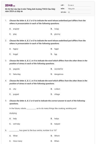 Đề thi thử vào lớp 6 môn Tiếng Anh trường THCS Cầu Giấy năm 2024 có đáp án