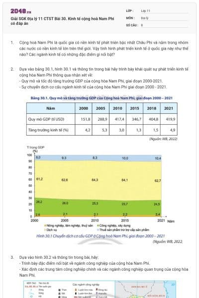 Giải SGK Địa lý 11 CTST Bài 30. Kinh tế cộng hoà Nam Phi có đáp án