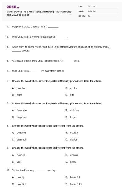 Đề thi thử vào lớp 6 môn Tiếng Anh trường THCS Cầu Giấy năm 2022 có đáp án