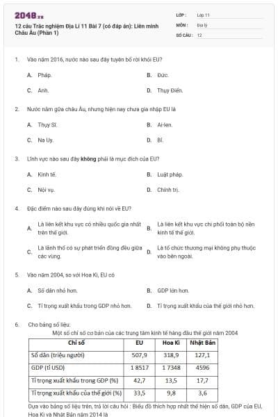 12 câu  Trắc nghiệm Địa Lí 11 Bài 7 (có đáp án): Liên minh Châu Âu (Phần 1)