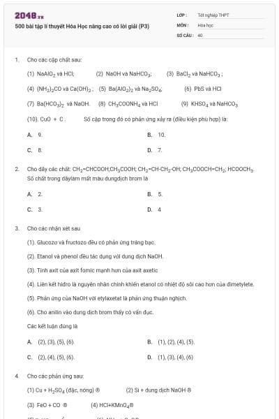 500 bài tập lí thuyết Hóa Học nâng cao có lời giải (P3)