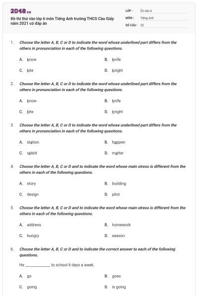 Đề thi thử vào lớp 6 môn Tiếng Anh trường THCS Cầu Giấy năm 2021 có đáp án