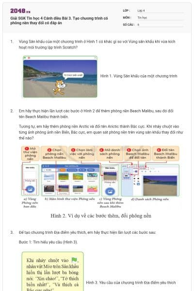 Giải SGK Tin học 4 Cánh diều Bài 3. Tạo chương trình có phông nền thay đổi có đáp án