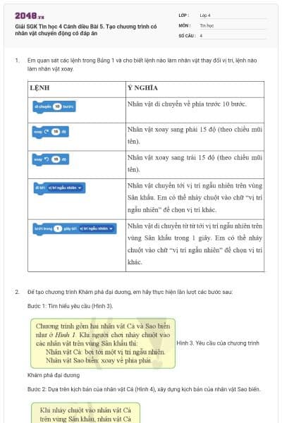 Giải SGK Tin học 4 Cánh diều Bài 5. Tạo chương trình có nhân vật chuyển động có đáp án