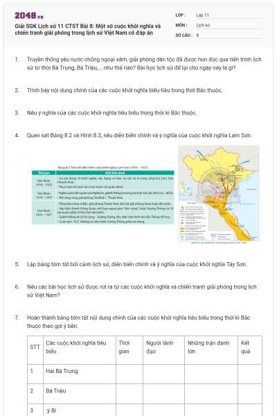 Giải SGK Lịch sử 11 CTST Bài 8: Một số cuộc khởi nghĩa và chiến tranh giải phóng trong lịch sử Việt Nam có đáp án