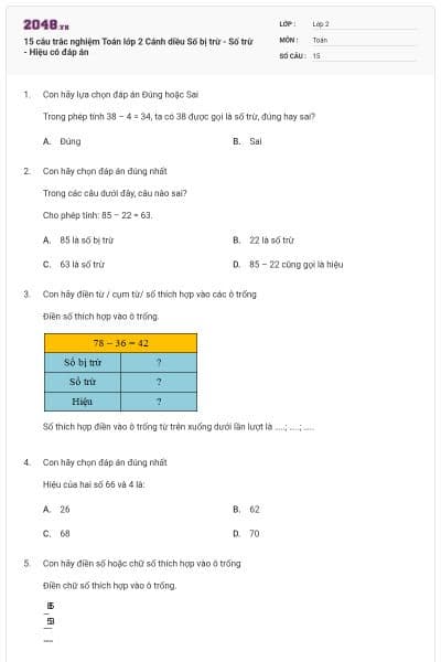 15 câu trắc nghiệm Toán lớp 2 Cánh diều Số bị trừ - Số trừ - Hiệu có đáp án