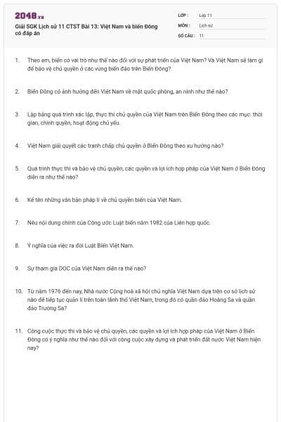 Giải SGK Lịch sử 11 CTST Bài 13: Việt Nam và biển Đông có đáp án