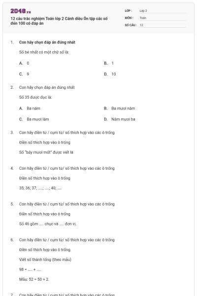 12 câu trắc nghiệm Toán lớp 2 Cánh diều Ôn tập các số đến 100 có đáp án