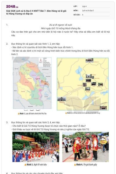 Giải SGK Lịch sử & Địa lí 4 KNTT Bài 7. Đền Hùng và lễ giỗ tổ Hùng Vương có đáp án