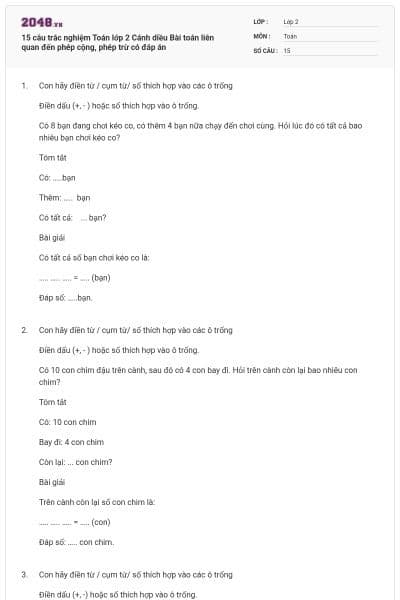 15 câu trắc nghiệm Toán lớp 2 Cánh diều Bài toán liên quan đến phép cộng, phép trừ có đáp án