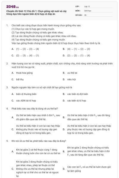 Chuyên đề Sinh 12 Chủ đề 1: Chọn giống vật nuôi và cây trồng dựa trên nguồn biến dị tổ hợp có đáp án