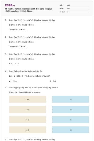 16 câu trắc nghiệm Toán lớp 2 Cánh diều Bảng cộng (Có nhớ) trong phạm vi 20  có đáp án