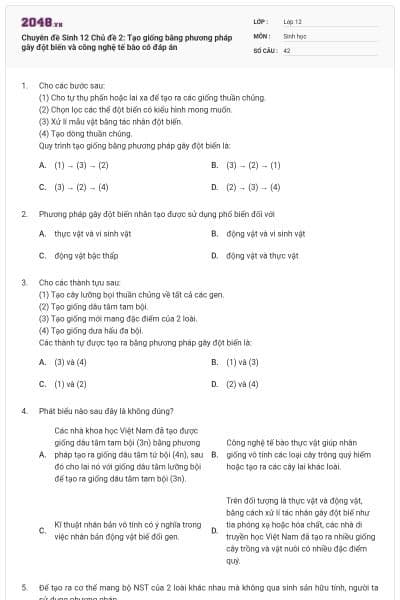 Chuyên đề Sinh 12 Chủ đề 2: Tạo giống bằng phương pháp gây đột biến và công nghệ tế bào có đáp án