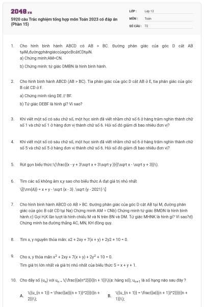 5920 câu Trắc nghiệm tổng hợp môn Toán 2023 có đáp án (Phần 15)