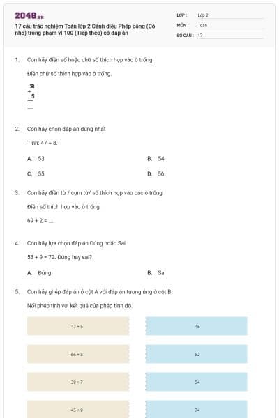 17 câu trắc nghiệm Toán lớp 2 Cánh diều Phép cộng (Có nhớ) trong phạm vi 100 (Tiếp theo) có đáp án