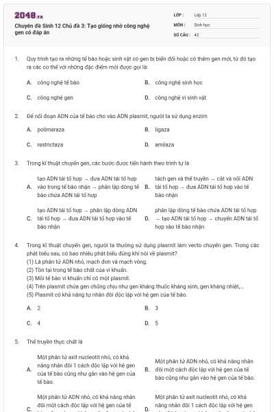 Chuyên đề Sinh 12 Chủ đề 3: Tạo giống nhờ công nghệ gen có đáp án