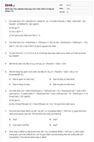 5920 câu Trắc nghiệm tổng hợp môn Toán 2023 có đáp án (Phần 17)