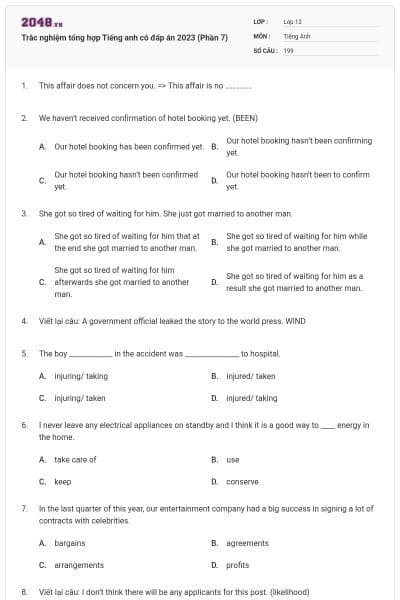 Trắc nghiệm tổng hợp Tiếng anh có đáp án 2023 (Phần 7)