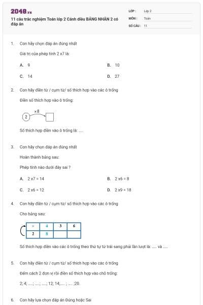 11 câu trắc nghiệm Toán lớp 2 Cánh diều BẢNG NHÂN 2 có đáp án