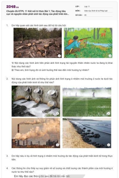 Chuyên đề KTPL 11 Kết nối tri thức Bài 1: Tác động tiêu cực và nguyên nhân phát sinh tác động của phát triển kinh tế đến môi trường tự nhiên có đáp án