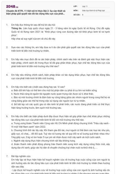 Chuyên đề KTPL 11 Kết nối tri thức Bài 2: Sự cần thiết và biện pháp giải quyết vấn đề tác động tiêu cực của phát triển kinh tế đến môi trường tự nhiên có đáp án