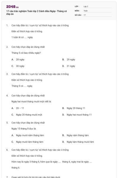 17 câu trắc nghiệm Toán lớp 2 Cánh diều Ngày- Tháng có đáp án