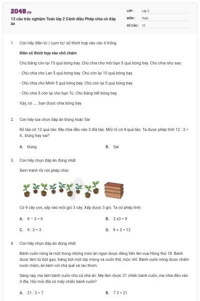 13 câu trắc nghiệm Toán lớp 2 Cánh diều Phép chia có đáp án